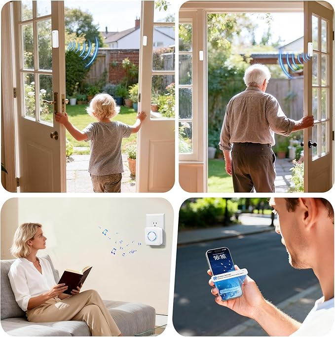 WiFi Door Sensor Chime, Smart Door Open Alert Window Sensor for Business/Home/Kids Safety, Real-Time App Notification, 500ft Range, 32 Melodies, 5 Volume Levels, Window Contact Sensor Alarm Kit