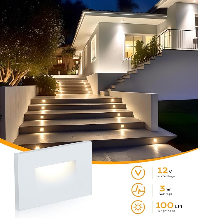 CLOUDY BAY 12V Low Voltage 3 Color Indoor and Outdoor LED Step Light,3000K/4000K/5000K,Stair Light,White,3 Pack, Wet Location(Low Voltage Transformer is Required)