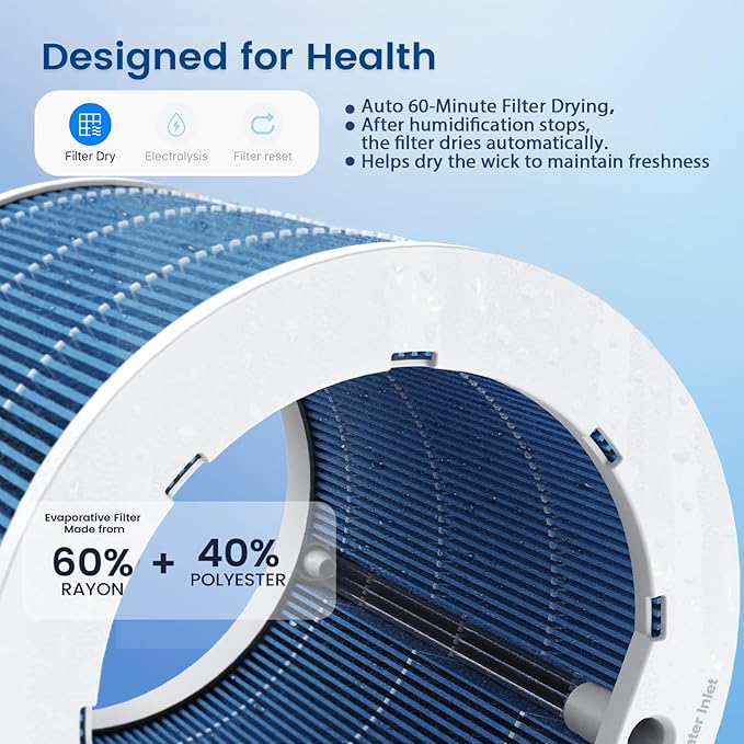 Powerscale MF6 Smart Evaporative Humidifiers for Bedroom, 1.8 Gal Top-Fill, Up to 700mL/h Mist-Free Output, WiFi Smart Touchscreen Control, Auto Filter Dry, Electrolysis Self-Clean, Quiet Sleep Mode