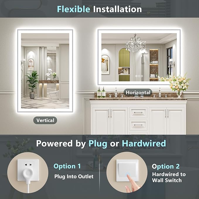55x36 Brushed Nickel LED Bathroom Mirror with Lights, Sliver Framed Backlit and Front Lit Anti-Fog Lighted Vanity Mirrors for Bathroom Wall, Dimmable, 3 Colors, Memory, Tempered Glass, CRI＞90
