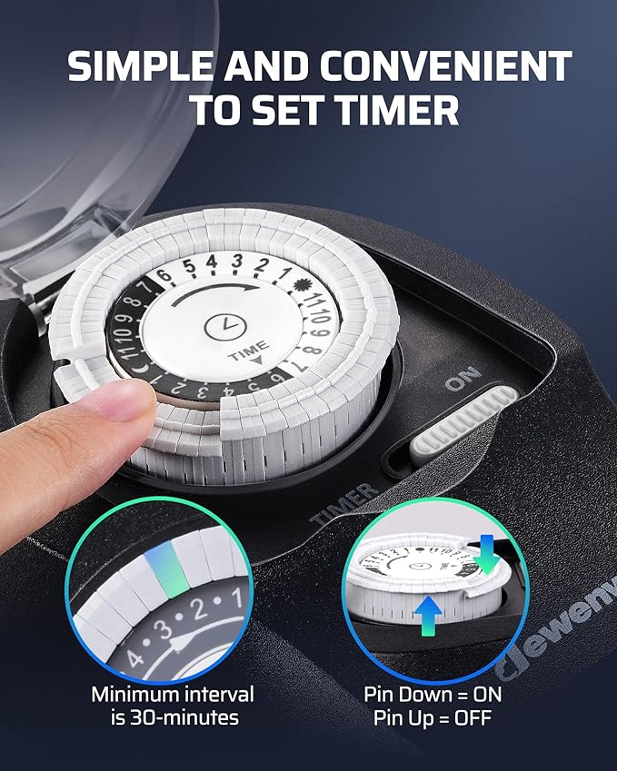 DEWENWILS 1 Pack Mechanical Light Timer for Outdoor Lighting, 24-Hour Plug in Timers, Heavy Duty Programmable Timer Switch with 2 Grounded Outlets for String Lights, 15A 1/2HP UL Listed