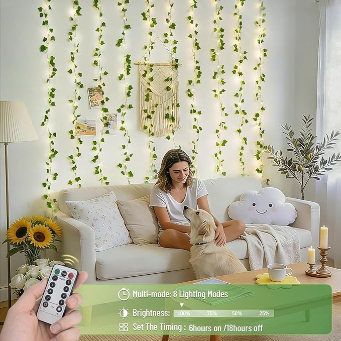 JMEXSUSS Vines Lights for Bedroom, 200 LED Vines Fairy Lights, Artificial Ivy Leaf Light for Wall Curtain Wedding Party Christmas Indoor Decor, 6.5ft x 6.5ft with Remote