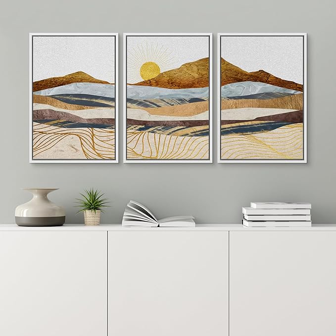 wall26 Framed Canvas Print Wall Art Set Gold Wave Geometric Mountain Range Nature Wilderness Illustrations Modern Art Decorative Landscape Zen for Living Room, Bedroom, Office - 24"x36"x3 White