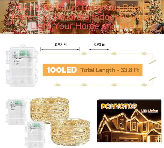 Fairy String Lights with Timer 33Ft 2pc 100 LED Battery Operated Fairy Lights Outdoor Waterproof for Wedding Home Parties Christmas Holiday Decoration