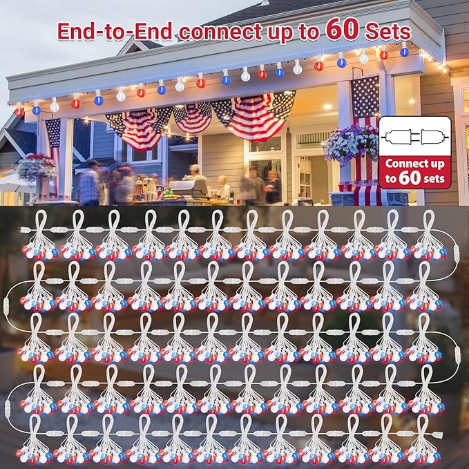 LAMPHOME 26Ft LED G40 Red White and Blue Lights Outdoor 4th of July Lights with12+1 Shatterproof Bulbs for Patriotic Decor in Yard Garden Patio - Light up Memorial Day 4th of July Decorations Outdoor
