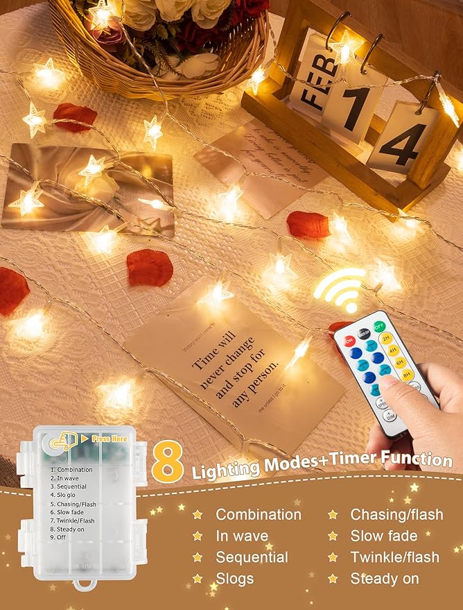 Star String Lights Battery&USB Powered,16.4FT 50LED Star Fairy Lights with Remote, Hanging Star Lights for Home, Kids Tent, Bedroom,Porch, Classroom, Christmas,Party,Room Decor,Warm White