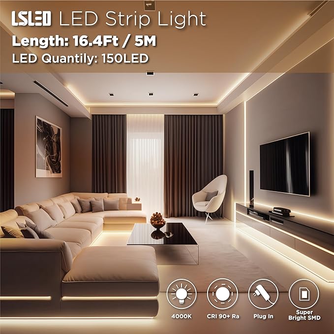 LED Strip Lights, 16.4 FT LED Light Strip with ETL 12V DC Adapter 4000K Neutral White Tape Light with PU Coating, LED Lights for Bedroom, Kitchen, Under Cabinet, Home Decor