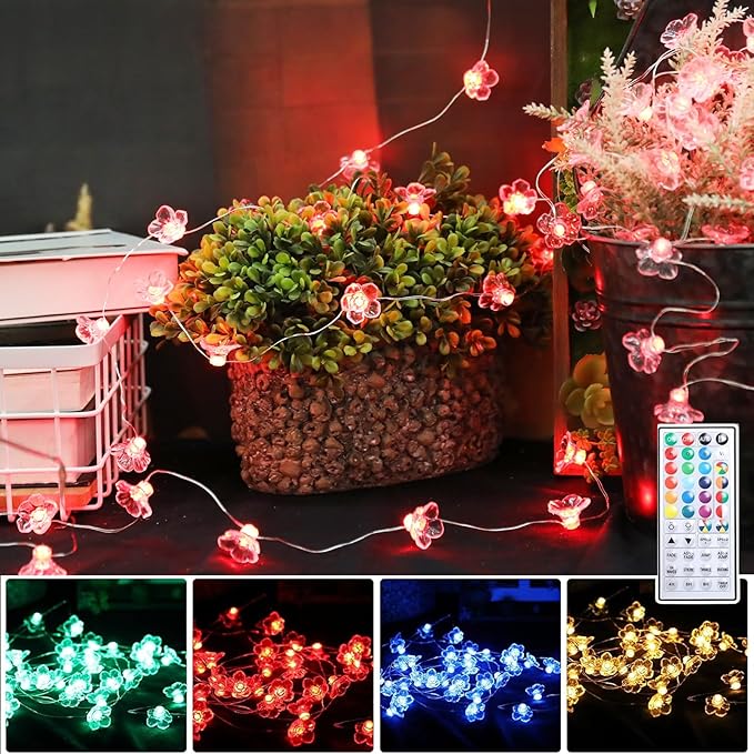 Vigdur Cherry Blossom Lights, 13 FT 40 LEDs Multicolor Flower String Lights Battery Operated with Remote&Timer, 20 Lighting Modes Pink Flower String Lights for Bedroom Party Wedding Décor