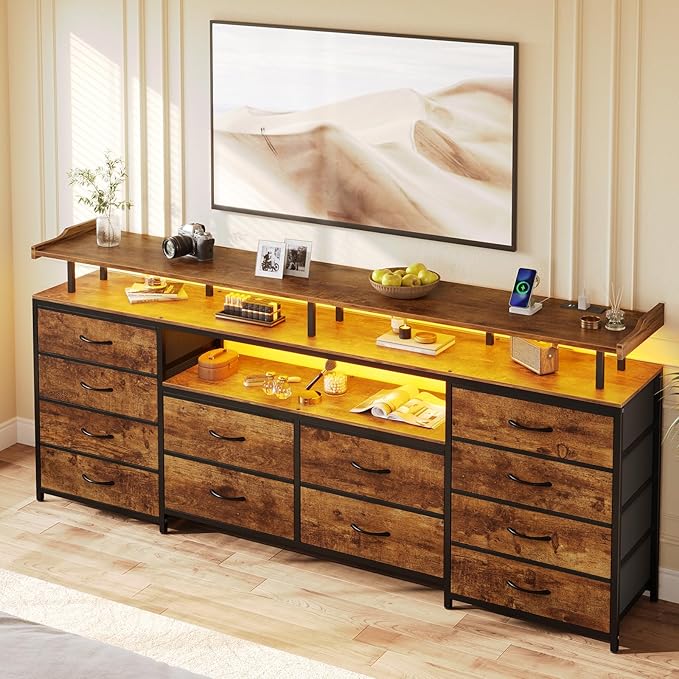BTHFST 12 Drawers TV Stand Dresser for 65/70 inch TV, Entertainment Center with LED Lights & Power Outlets, 63" Large LED TV Stand, TV Console for Bedroom