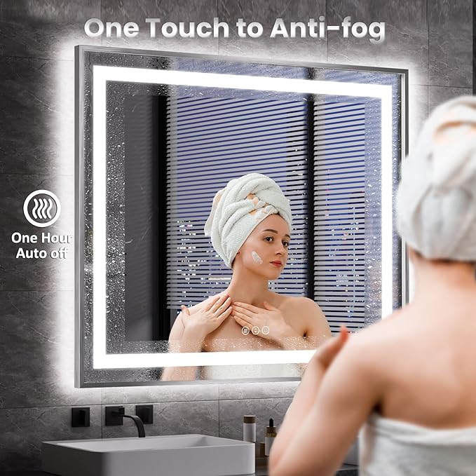 Amorho 40" X36" LED Bathroom Mirror, Brushed Nickel Framed Mirror with Front Light and Backlit, Stepless Dimmable, Anti-Fog, Shatter-Proof, Memory, 3 Colors