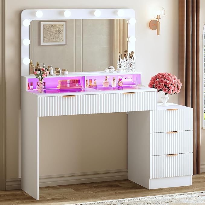 Fluted Vanity Desk with Mirror and Lights, Makeup Vanity Desk with Glass Top, Nightstand & Fluted Panel Design, 5 Drawers, 3 Colors Lighting Adjustable Brightness, Power Outlet, White