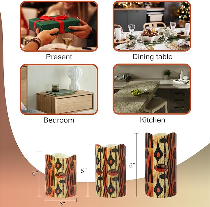 Remote Flameless Candles-Set of 3 African Tribe Design LED Pillar Candles Battery Operated Candle with Timer, 4" 5" 6" for Home Table Decor