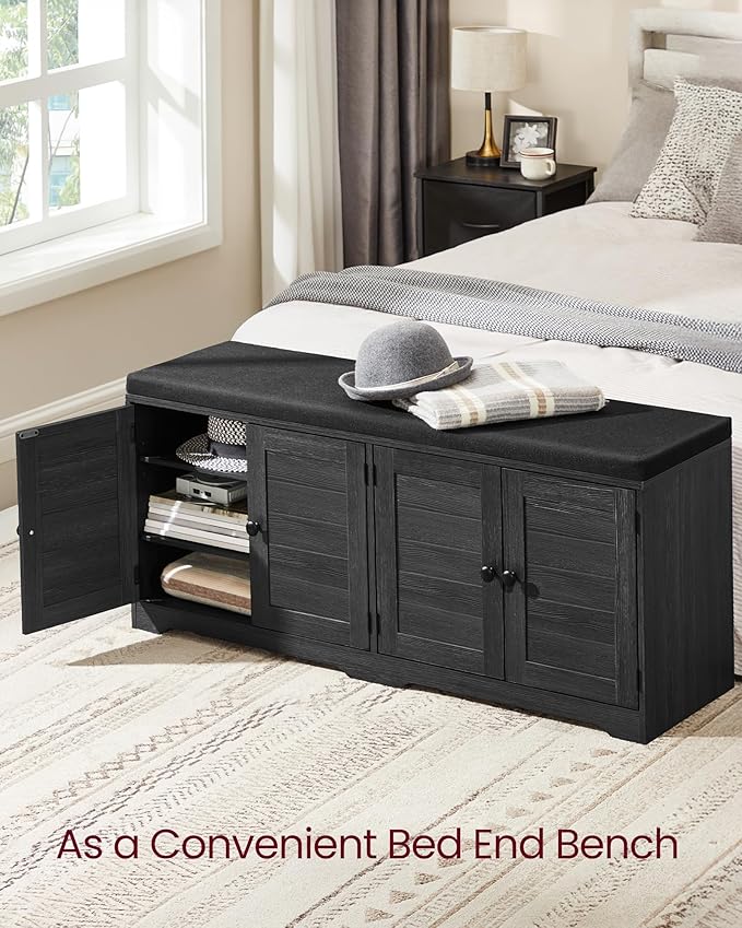 VASAGLE Shoe Storage Bench with Cushion, 3-Tier Entryway Bench with Padded Seat, Doors, Adjustable Shelves, 14 x 47.6 x 20.7 Inches, for Hallway, Bedroom, Charcoal Gray and Ink Black ULSB048BA01