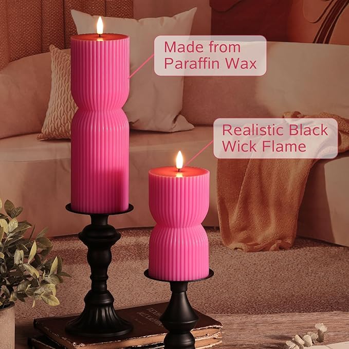 Hot Pink Ribbed Flameless Pillar Candles with Remote, Real Wax Flickering Battery LED Candles Set of 2