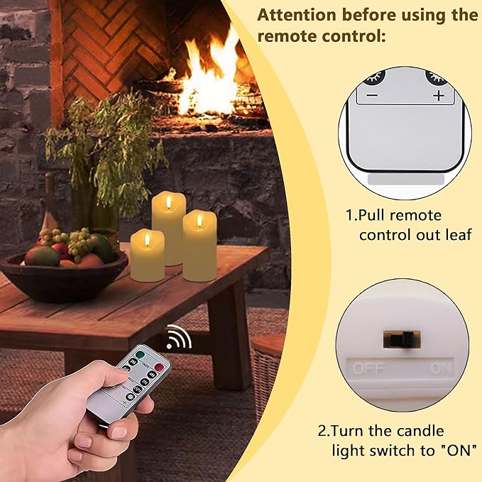 Flickering Flameless Candles with Remote and Timer, Realistic LED Candles, Battery Operated Candles for Christmas Home Wedding Birthday Decoration, Real Wax Set of 3(Ivory White)