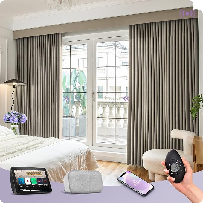 Graywind Rechargeable Smart Curtains Compatible with Alexa App Remote Control Motorized Drape for Sliding Door One-Way or Split Draw, Custom Width Up to 220" (Mocha Beige)