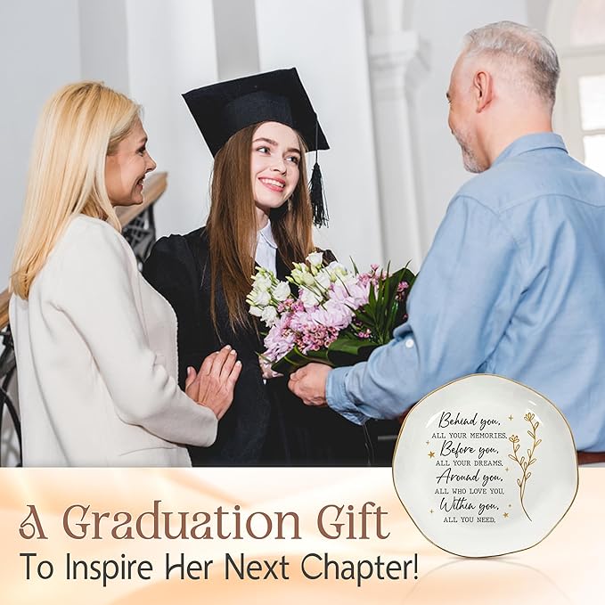 OASSIE Graduation Gifts for Women - 4"x4" Round-Shaped Ceramic Jewelry Dish Tray - Thank You Inspirational College High School Graduation Gifts for Friend Sister Her, Decorative Trinket Dish