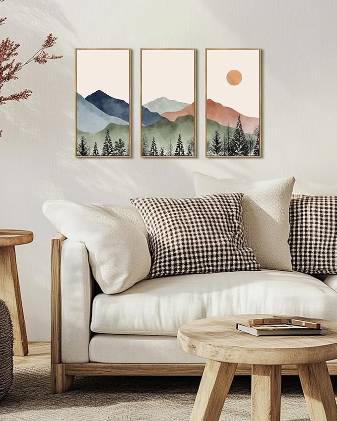 KUVIOKE Watercolor Mountains Range Landscape Wall Art Framed Tree Nature Wall Decor Sun Rises Prints Bedroom Living Room Ready to Hang 8x16in3pcs Natural Framed