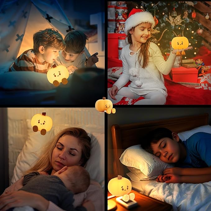 Cute Pumpkin LED Night Light, 3 Level Dimmable Nursery Nightlight, Silicone Soft Light Lamp Gift, Rechargeable Bedroom Touch Lamp for Breastfeeding, Kids, Girl, Boy, Halloween Decor (Pumpkin shape)