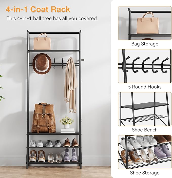 4-In-1 Hall Tree Entryway Organizer with 5 Hooks and Shoe Storage Bench, Sturdy Metal Frame, Metal Look Accent for Coat, Hat, and Bag Organization in Entryway, Living Room, or Bedroom