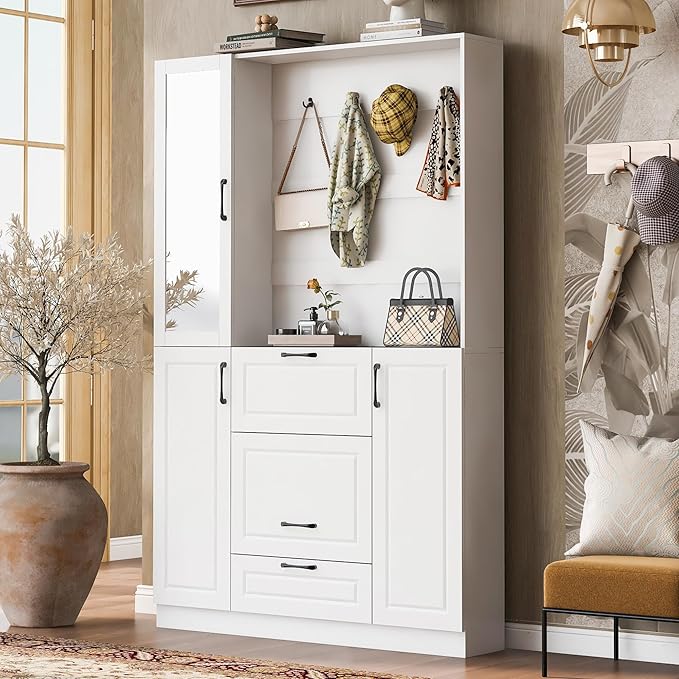 Merax Hall Tree with Foldable Bench and Shoe Storage, Entryway Coat Rack with Mirrored Cabinet Door, Hooks, Drawer, and Cabinets, Modern Hall Trees for Hallway, Living Room,White