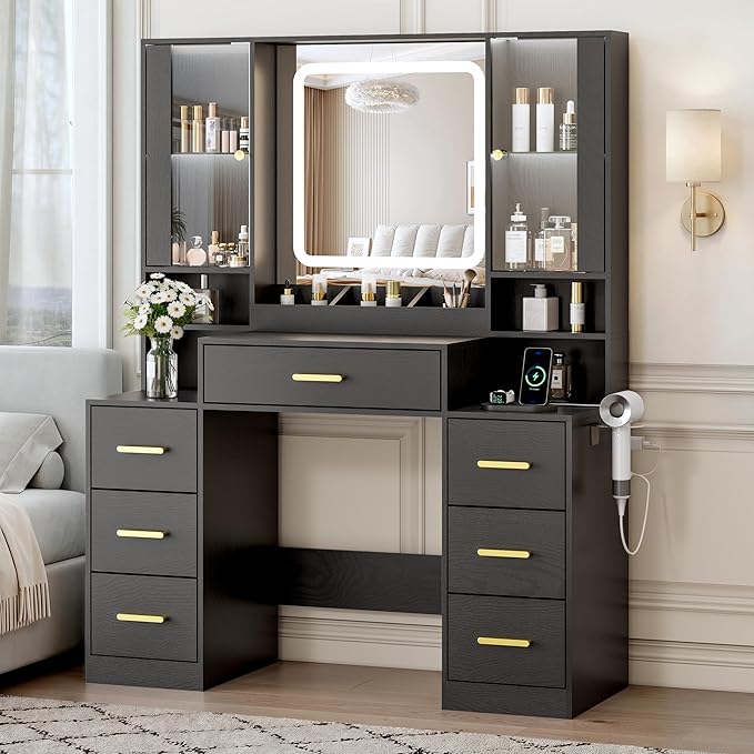 Vanity Desk with Mirror and Lights, Makeup Vanity with 7 Drawers, 2 Glass Door Cabinets, Charging Station, Adjustable Shelves, RGB Lighting, Hair Dryer Holder