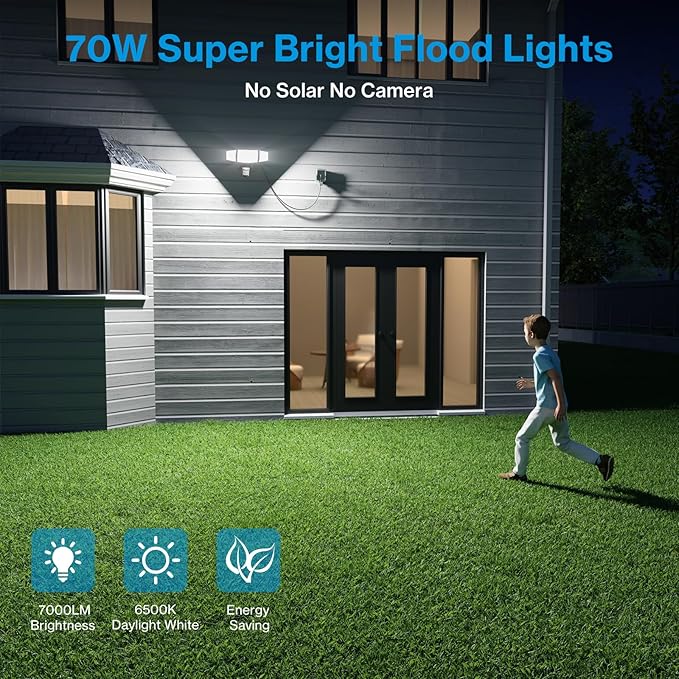 Olafus 70W Motion Sensor Outdoor Light Plug in, Motion Flood Light Dusk to Dawn, 7000LM LED Security Light IP65 Waterproof, Motion Activated 6500K PIR Sensor Lighting for Garage Yard Patio Eave, Black