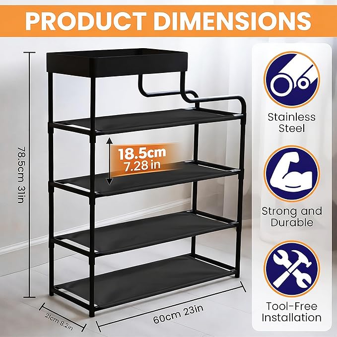 Entryway Shoe Storage, Shoe Rack For Closet, Zapateras Organizer, Organizador de Zapatos, 4 Tier Storage Rack with Top Tray, Narrow Zapatero for Sneakers, Boots and Heels