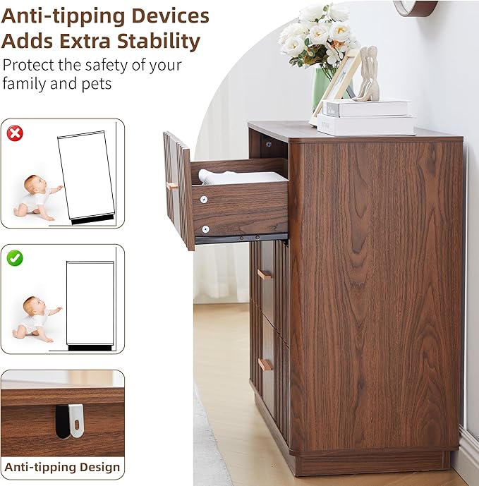 Fluted Dresser for Bedroom with 3 Drawers,31.5"Wide Modern Chest of Drawers with Metal Handle,Large Storage Dresser, Wood Closet Clothes Storage Organizer for Nursery Living Room Hallway,Walnut 2 Sets