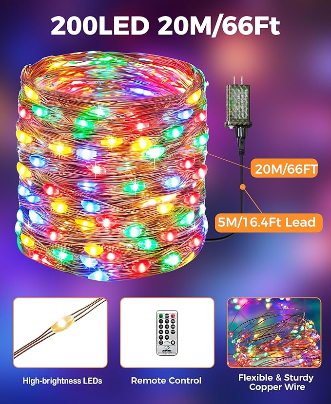 Plug-in Fairy Lights, 66 Ft 200 LED String Light with Remote, 8 Modes, Timer and Dimming Twinkle Lights for Indoor, Bedroom, Party, Decoration, Holiday, Multi-Colored