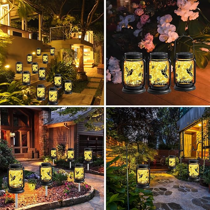 2 Pack Hummingbird Solar Outdoor Lanterns, Birthday Mothers Day Gifts for Women Mom Grandma, Vintage Glass Mason Jar Solar Fairy Lights, Waterproof Garden Lights for Patio Yard Lawn Tree