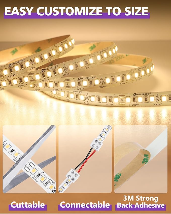 HitLights LED Strip Lights Kit Warm White with Remote & 24V Power Supply, 16.4ft Dimmable Tape Light 3000K, 600 LEDs, 425 lm/ft, CRI 90+, IP30, UL Listed, Lighting for Bedroom, Kitchen, Under Cabinets