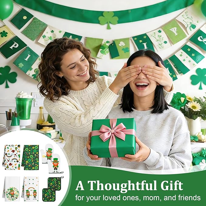 8 PCS St Green Kitchen Decor Sets Irish Leprechaun Shamrock Clover 4 Kitchen Dish Towels 2 Pot Holders 2 Oven Mitt Green Decoration Accessories for Cooking Baking Home Camp Spring