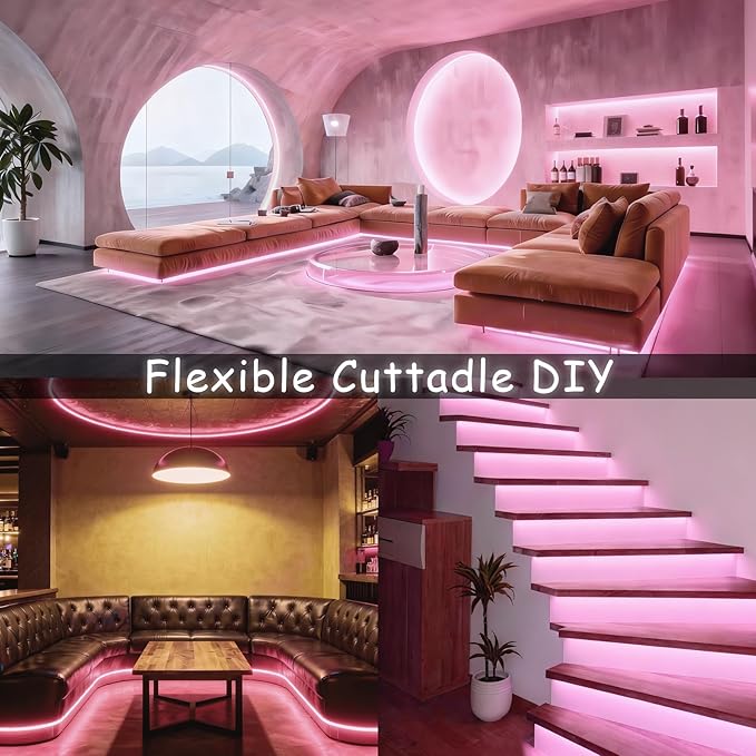 Pink 50 Feet Led Lights Strip Valentines Day Decor Rope Lights Easy DIY Princess Bedroom Cuttable Strip Lights for Baby Room Bathroom Living Room Kitchen Ceiling Wall Vanity Mirror Decoration