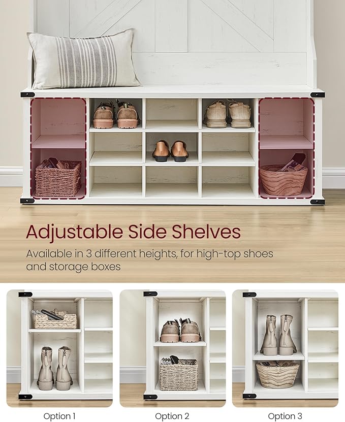 VASAGLE Hall Tree with Bench and Shoe Storage, Coat Rack with Shoe Bench, Entryway Furniture, 16 Open Compartments, 6 Tri-Hooks, Farmhouse Style, Space Saving, Rustic White UHSR427W02