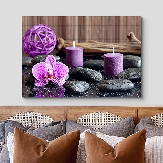 wall26 Canvas Print Wall Art Zen Stones with Purple Orchid and Calming Candles Nature Floral Photography Realism Rustic Colorful Multicolor Ultra for Living Room, Bedroom, Office - 24"x36"