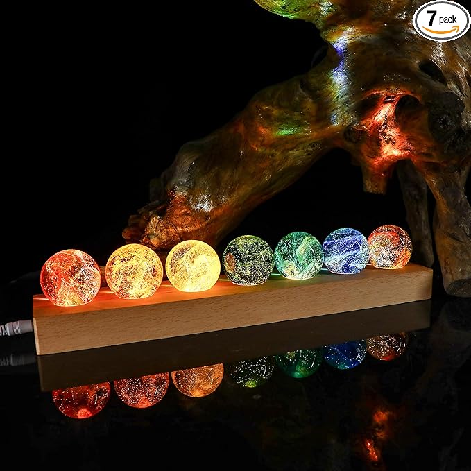 YU FENG 7 Colors 40mm/1.6in Glass Ball Night Light for Meditation with LED Wooden Base 7 Chakra Natural Healing Spheres Decorative Balls
