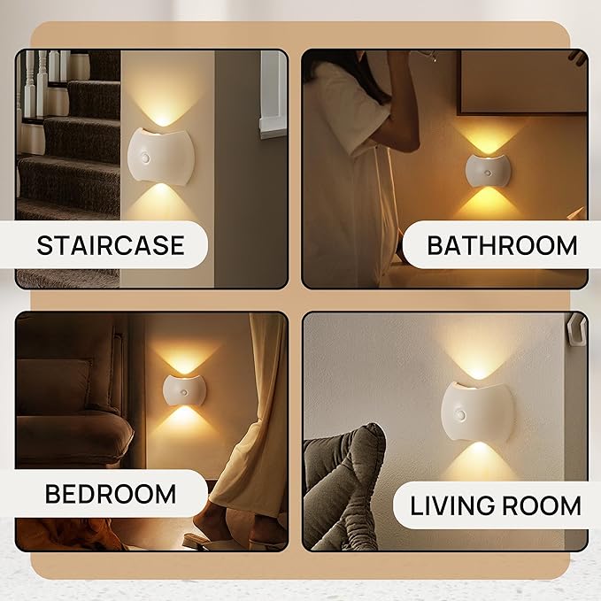 Battery Operated Wall Sconces Set of Two, Rechargeable Wireless LED Wall Lights — Motion Sensor, No Drill Magnetic Mount, 3 Modes, for Bedroom Hallway Stairs, White
