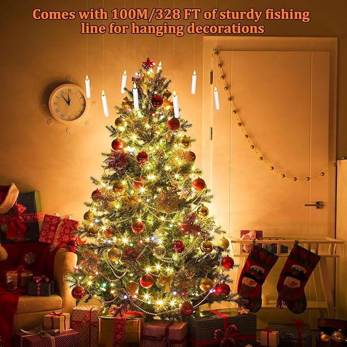 IMAGE 24Pcs LED Taper Candles Light Set Floating Effect with Fishing Line Flameless 3D Wick Ivory Candles with Clip-on Christmas Tree Design, 10-Key Remote with Timer, Warm White Light