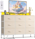 WLIVE Dresser TV Stand for 45, 50, 55 inch TV, Entertainment Center with LED Lights & Charging Station, Chest of Drawers with 9 Fabric Drawers and Open Shelves for Living Room, Hallway, Cream White