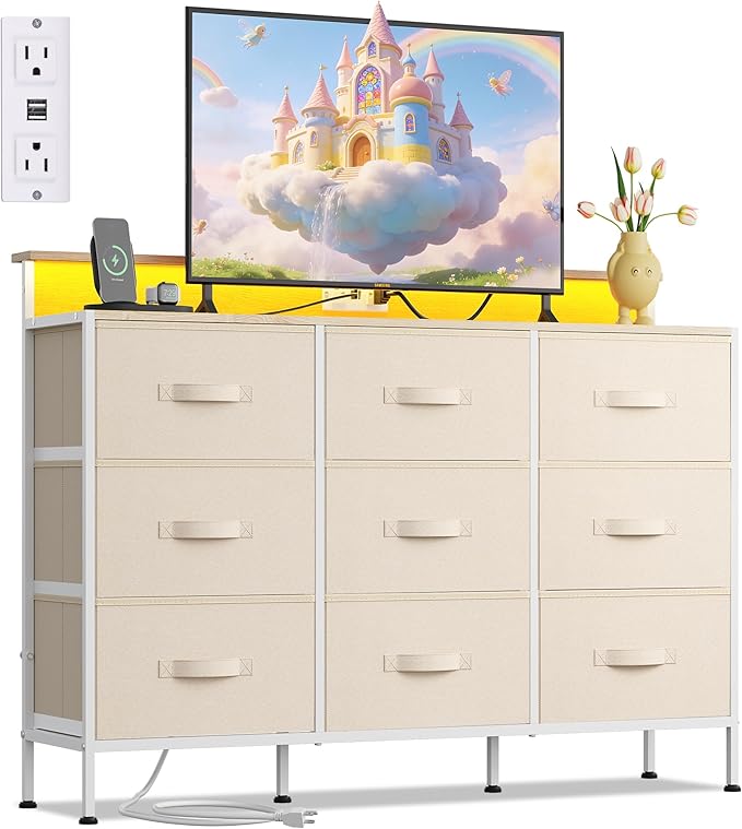 WLIVE Dresser TV Stand for 45, 50, 55 inch TV, Entertainment Center with LED Lights & Charging Station, Chest of Drawers with 9 Fabric Drawers and Open Shelves for Living Room, Hallway, Cream White