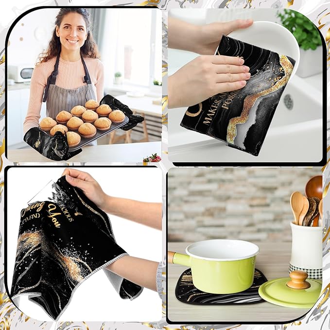 Fourluoo 10 Pcs Kitchen Dish Towels Rugs Oven Mitts and Pot Holders Kit Farmhouse Kitchen Decor Set Gloves Vintage Potholders for Baking Cooking Chef(Black,Elegant)