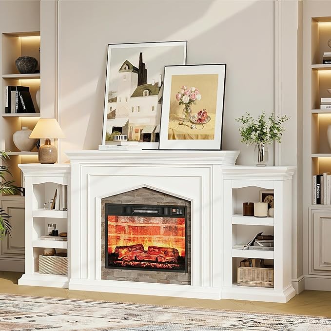 LGHM 80" Fireplace TV Stand for TVs Up to 90 Inch, Electric Fireplace with Mantel, Modern Entertainment Center with Storage, Fireplace Heater Insert with 3D Flame Effect for Living Room