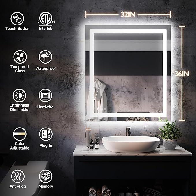 ISKM 32'' x 36'' LED Mirror for Bathroom Lighted Vanity Mirror for Wall Front Lights + Backlit LED Bathroom Mirror Anti-Fog Tempered Glass ETL Listed