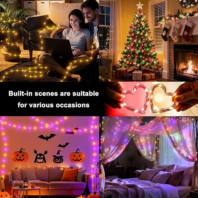 OMIKA Fairy Lights Plug in, 66FT 200 LED Smart String Lights Plug in with Remote & APP Controlled, Warm White + RGB Music Sync Timer Indoor String Lights, for Room Bedroom Classroom Holiday Decor