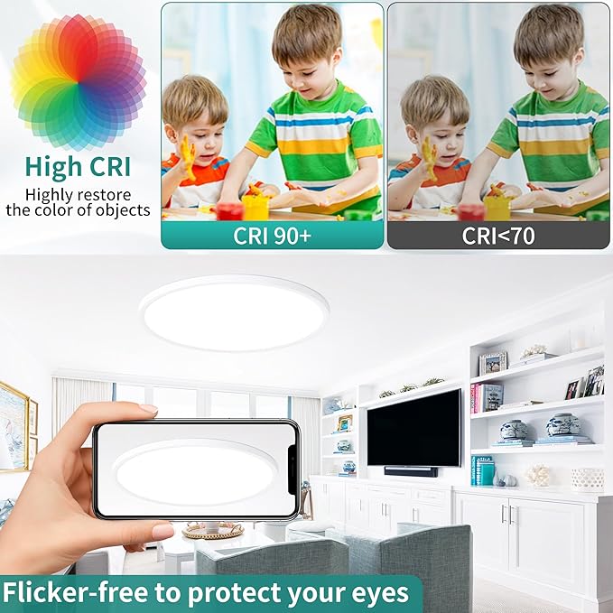 16 Inch LED Flush Mount Ceiling Light,32W Ultra-Thin Modern Round Light Fixture with Remote,Dimmable 3000K-6000K,White,3200LM,Memory & Night Light Mode for Bedroom, Kitchen,Living Room