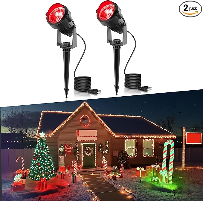 L LOHAS LED Red Christmas Spot Lights Outdoor, 10W Dusk to Dawn Sensor Landscape Spotlights for Yard, IP66 Waterproof Pathway Garden Outside Lights, 9.84-ft Cord, Red Lawn Decor Lamp, UL Listed,2Pack