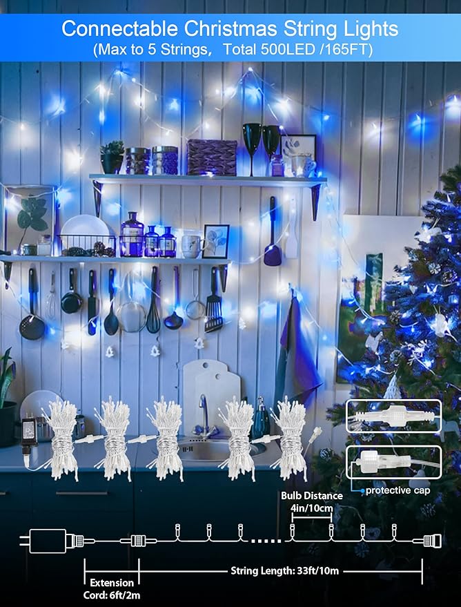 String Lights Indoor Bedroom, 33FT 100 LED Fairy String Lights Outdoor Waterproof, 8 Modes Memory Twinkle Christmas Light Plug in for Classroom Dorm Patio Tree Garden Decor (Cool White+Blue)