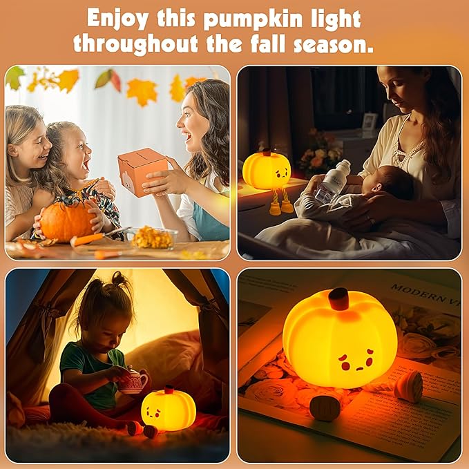 Cute Silicone Pumpkin Night Light, Rechargeable Dimmable Nursery Nightlight, Bedside Touch Lamp for Breastfeeding, Pumpkin Decor for Fall Decorations