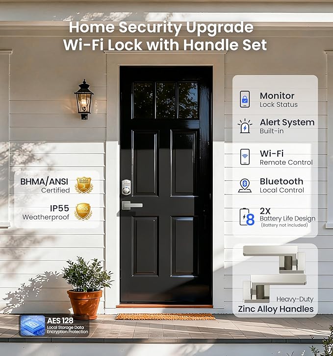 Veise VE012W-L Built-in Wi-Fi Fingerprint Smart Lock with Lever Handle Set, App Remote Control, Keyless Entry for Front Door, Deadbolt Digital Backlit Keypad, Voice Assistant, Auto Lock, Satin Nickel